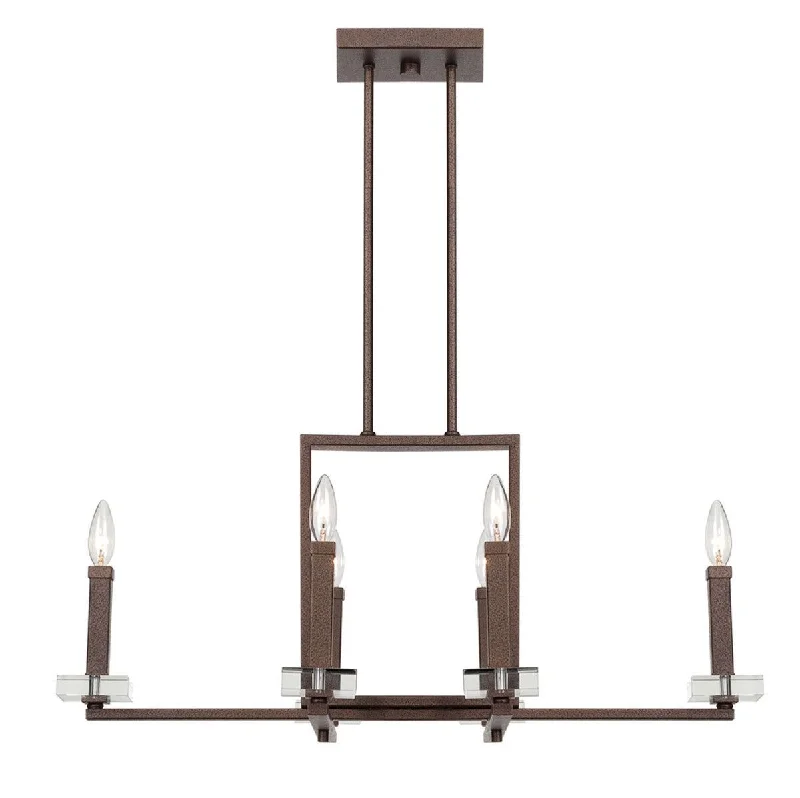 Designers Fountain Lighting 84386-FBZ Fieldhouse Collection Six Light Hanging Island Linear Chandelier in Flemish Bronze Finish Designers Fountain Lighting 84386-FBZ Fieldhouse Collection Six Light Hanging Island Linear Chandelier in Flemish Bronze Finish