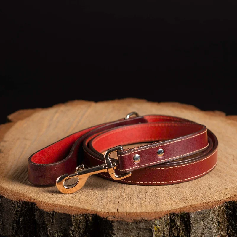 Burgundy Stitched Leather Dog Leash 60'' - Made in Canada