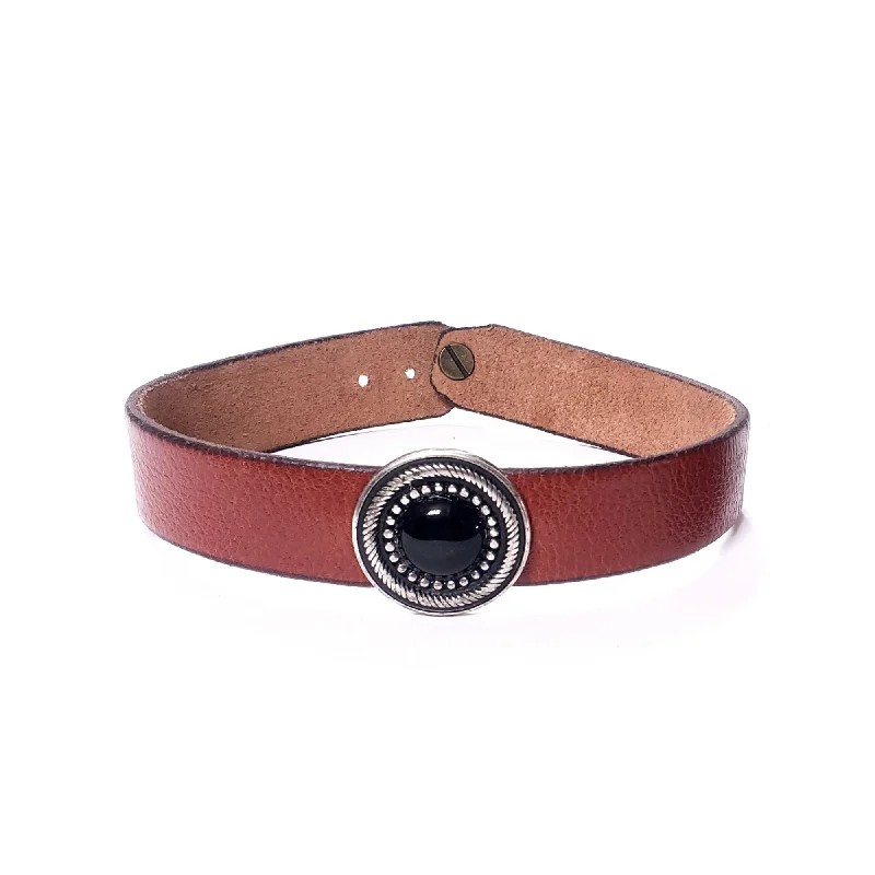 Cognac Leather Choker with Black Charm - Made in Canada