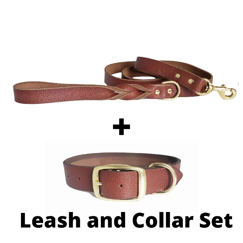 Cognac Leather Dog Leash and Collar Set - Made in Canada