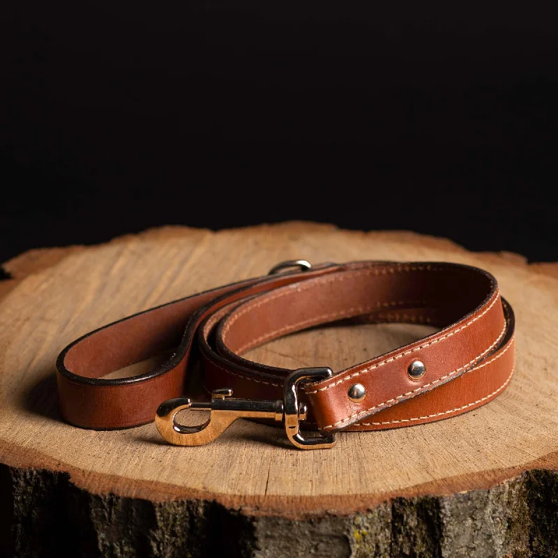 Cognac Stitched Leather Dog Leash 60'' - Made in Canada