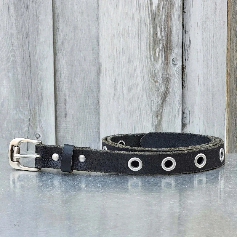 Exene - Slim Black Leather Belt with Single Grommets - Made in Canada