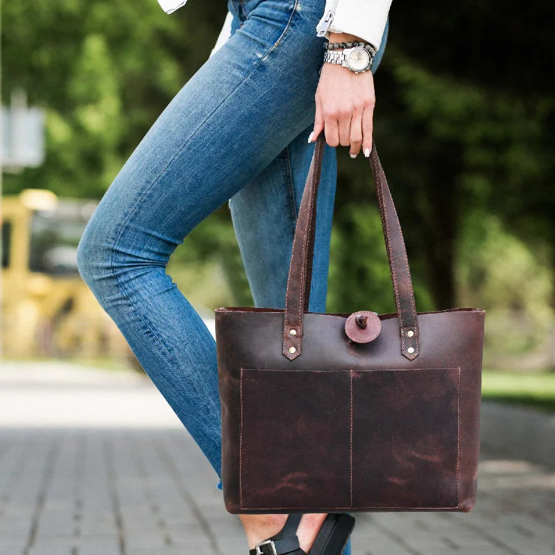 Tolredo - Brown Leather Tote Bag with Leather Closure