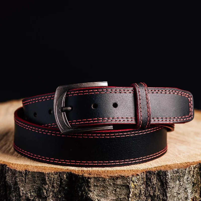 The Diablo Belt - Black Full Grain Leather Belt with Red Stitches