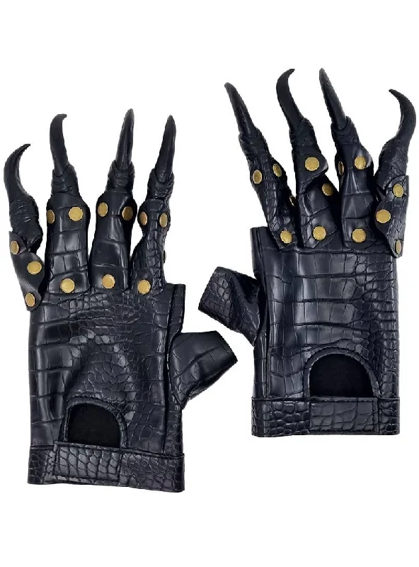 Leather Look Black Scale Print Costume Gloves with Rubber Claws