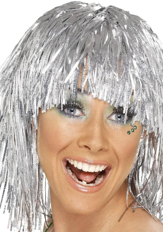 Cyber Tinsel Metallic Silver Womens Costume Wig