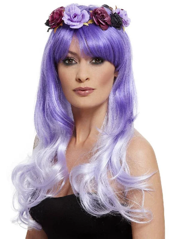 Curly Purple Ombre Womens Costume Wig with Flowers