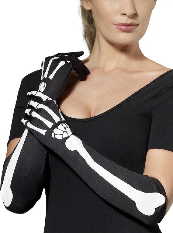 Long Black Skeleton Print Gloves