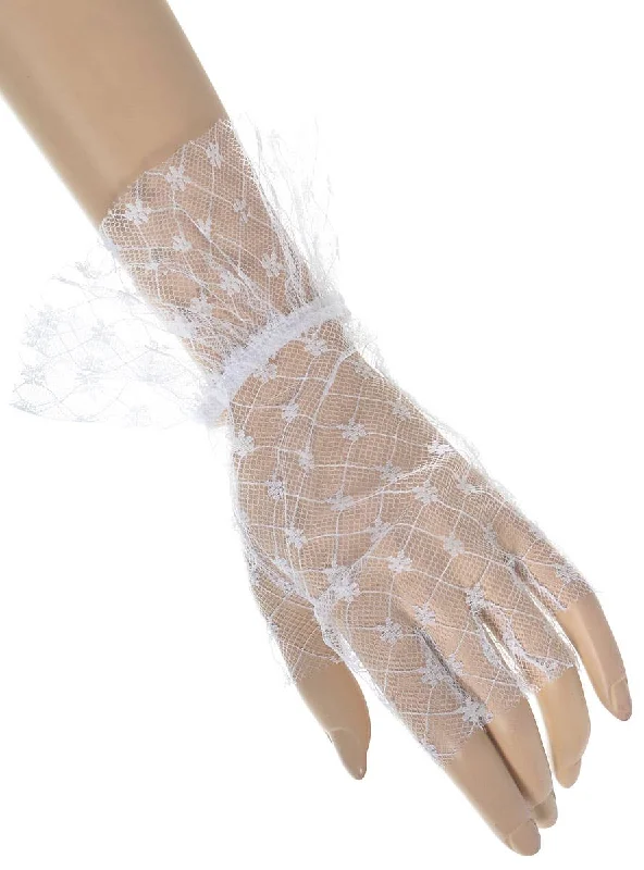 Lacy White Ruffle 1980s Fingerless Costume Gloves