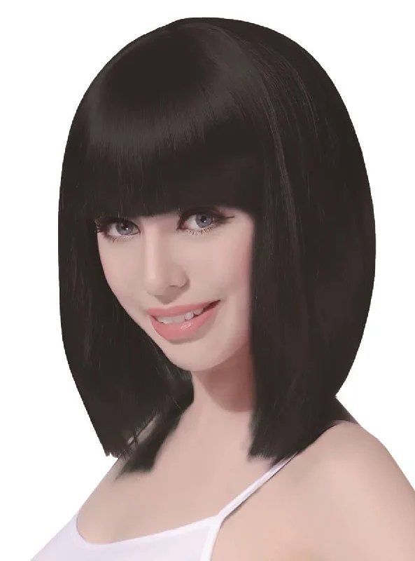 Cute Black Short Bob Womens Costume Wig with Fringe